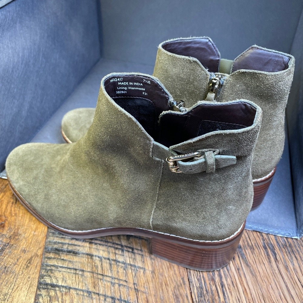 Cole Haan Taupe Suede Ankle Boots Block Heel Side Zip Buckle Bootie Olive Sz 7.5 - Picture 2 of 6